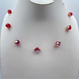Beautiful Vintage Red Crystal Bead Illusion Necklace Gold Accents 15.5”